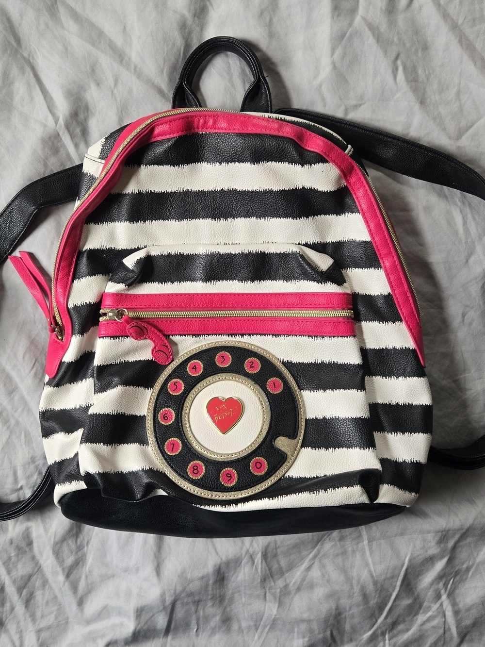 Betsey Johnson Rotary Phone Stripe Backpack with Hot Pink Trim Rose Interior